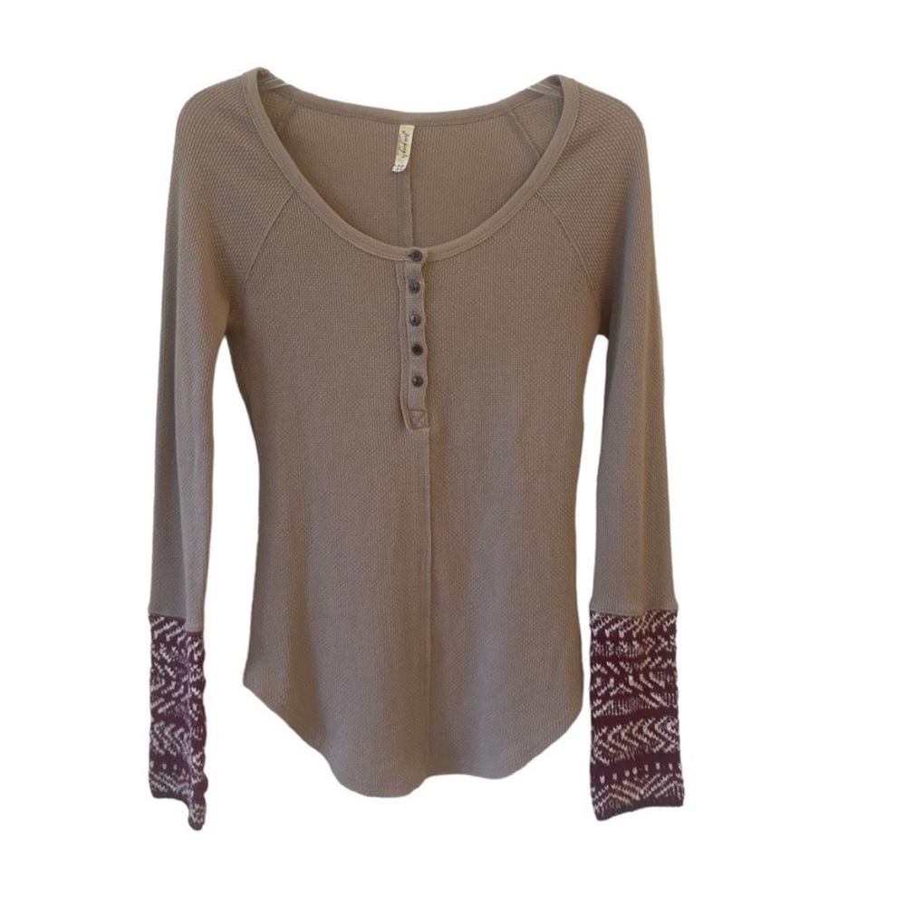 ✨ Free People Alpine Cuff Beige Thermal Waffle Henley Long-sleeve Top